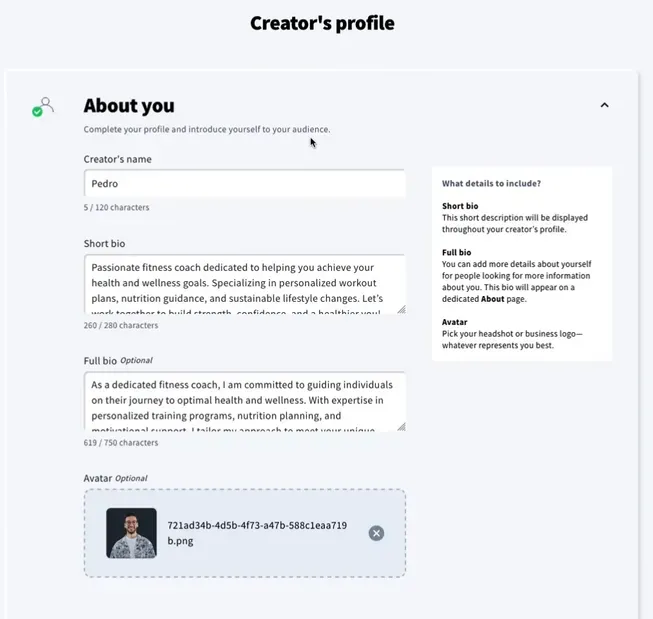 GetResponse's creator profile editor